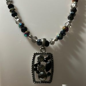 Beautiful Vintage Black and Silver Pendant on Handmade Beaded Chain 20 of inches